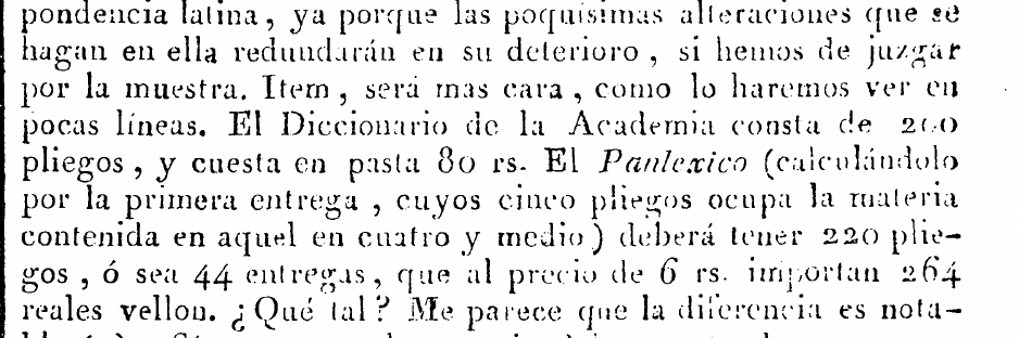Recorte de la Gaceta de Madrid del 10 de septiembre de 1842: «El Diccionario de la Academia consta de 200 pliegos, y cuesta en pasta 80 rs. El Panlexico… deberá tener 220 pliegos, ó sea 44 entregas, que al precio de 6 rs. importan 264 reales vellon»