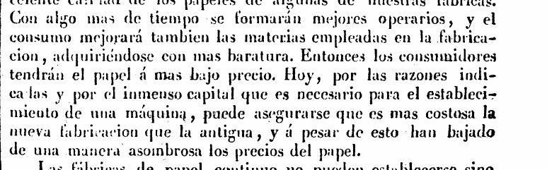 Recorte de la Gaceta de Madrid del 5 de abril de 1845 sobre el papel continuo: «puede asegurarse que es mas costosa la nueva fabricacion que la antigua, y á pesar de esto han bajado de una manera asombrosa los precios del papel»