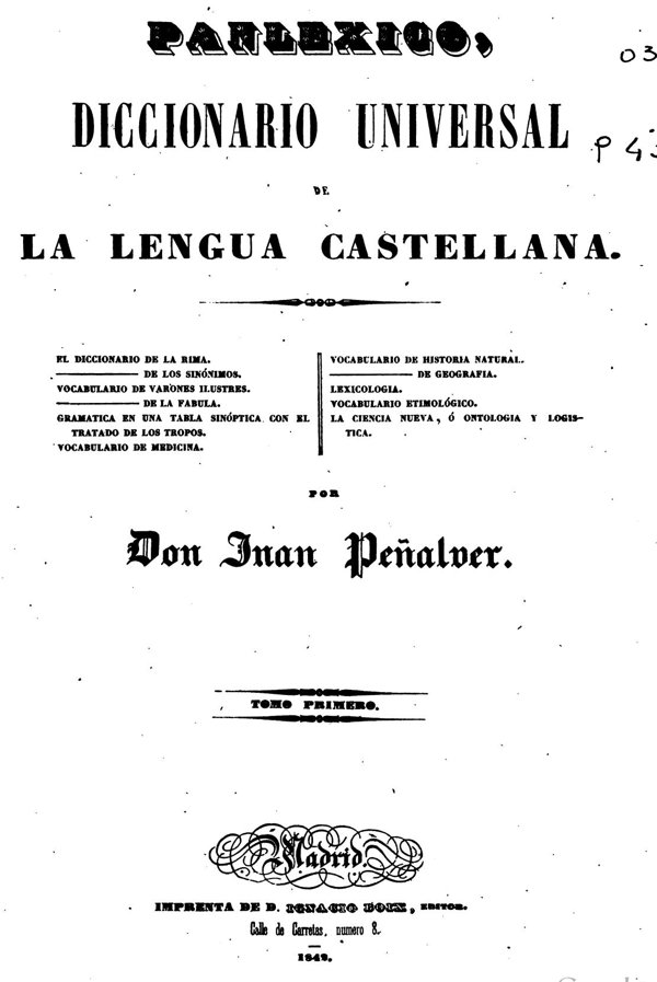 Portada del Panléxico, Diccionario universal de la lengua castellana, de Juan Peñalver, Madrid, Imprenta de D. Ignacio Boix, 1842